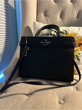 Kate Spade Staci Medium Stachel Black Leather Top-Handle Satchel with Strap